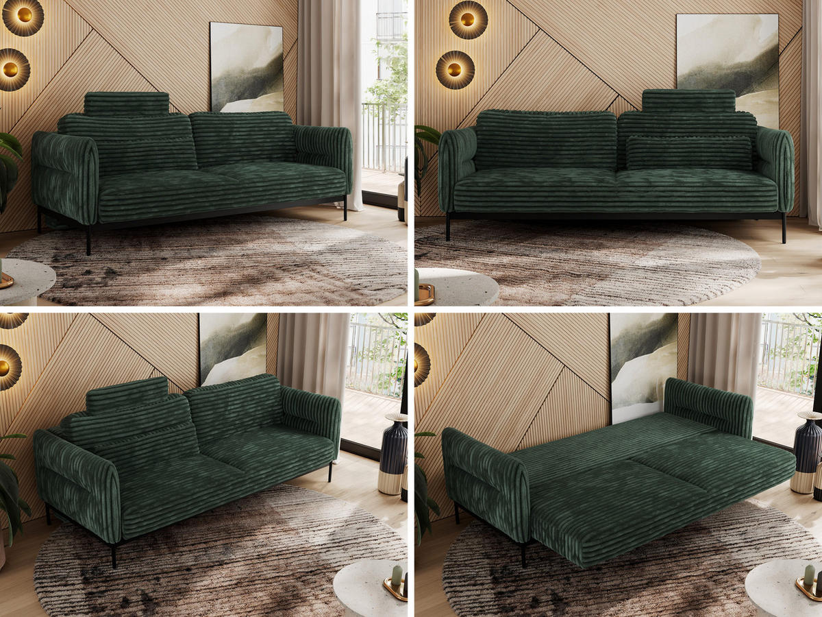 SOFA SALENTO Grün Cord - Schwarz/Grün, Textil/Metall (221/82/101cm) - MKS