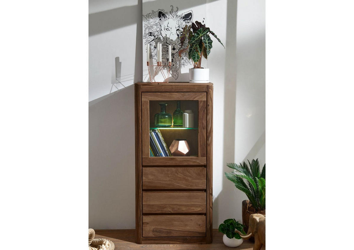 VITRINE Sheesham 70x40x145 rot-braun gebeizt TORONTO #108 - Dunkelbraun, Holz (70/145/40cm) - Massivmoebel24