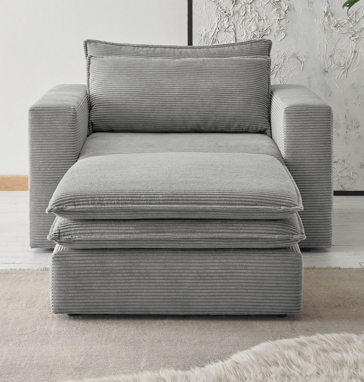 LOVESEAT Set hellgrau Cord, Couch Loungesessel inklusive Hocker - Beige/Hellgrau, Holz/Kunststoff (176/83/125cm) - Furn.Design