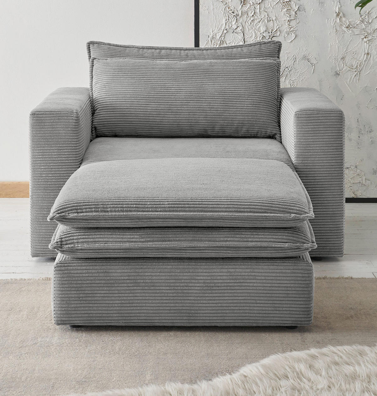 LOVESEAT Set hellgrau Cord, Couch Loungesessel inklusive Hocker - Beige/Hellgrau, Holz/Kunststoff (176/83/125cm) - Furn.Design