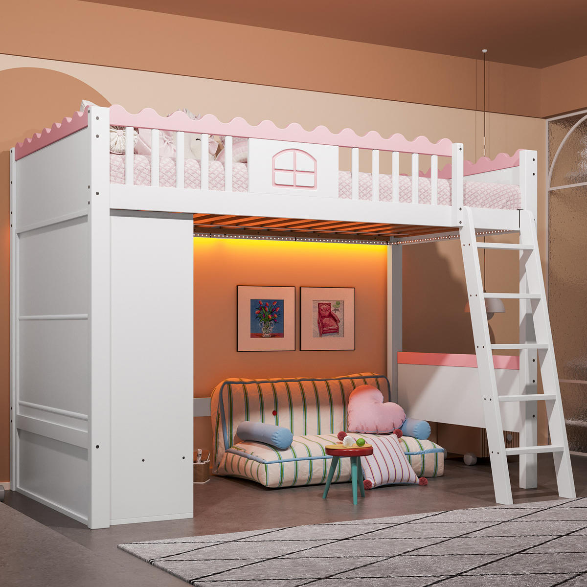 HOCHBETT 90/200 cm aus Kiefer und MDF mit Kleiderschrank, Schublade und LED Weiß - Weiß, Holz (90/200cm) - Modenvie