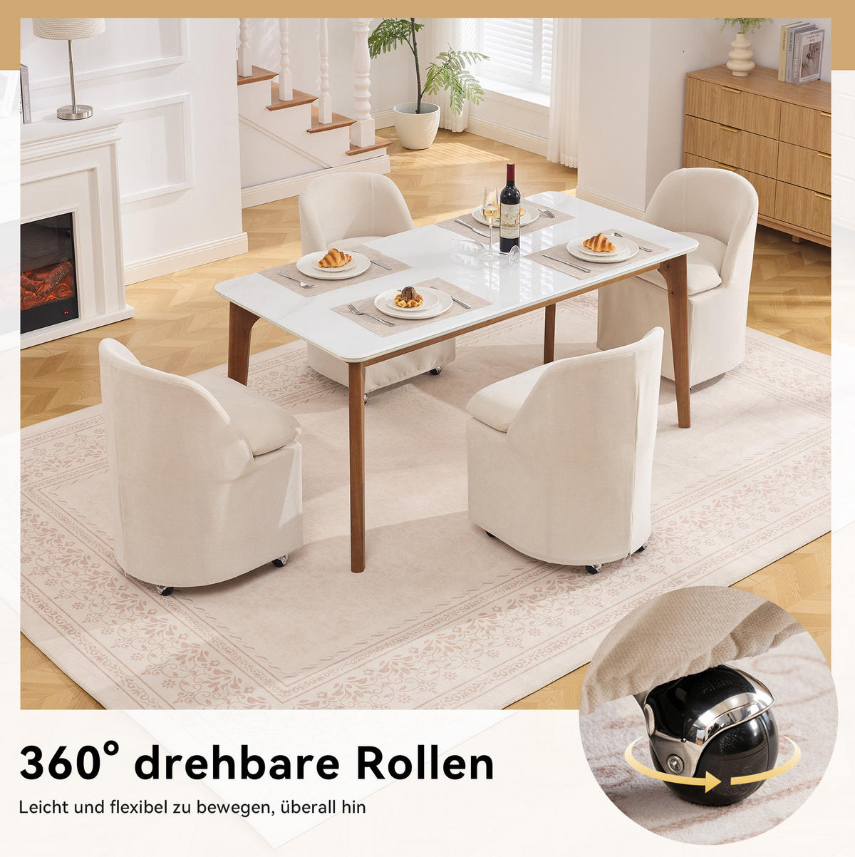 ESSZIMMERSTUHL 2er-Set mit Rollen Beige Chenille - Beige, Metall (53/78.5/53.5cm) - Meubliv