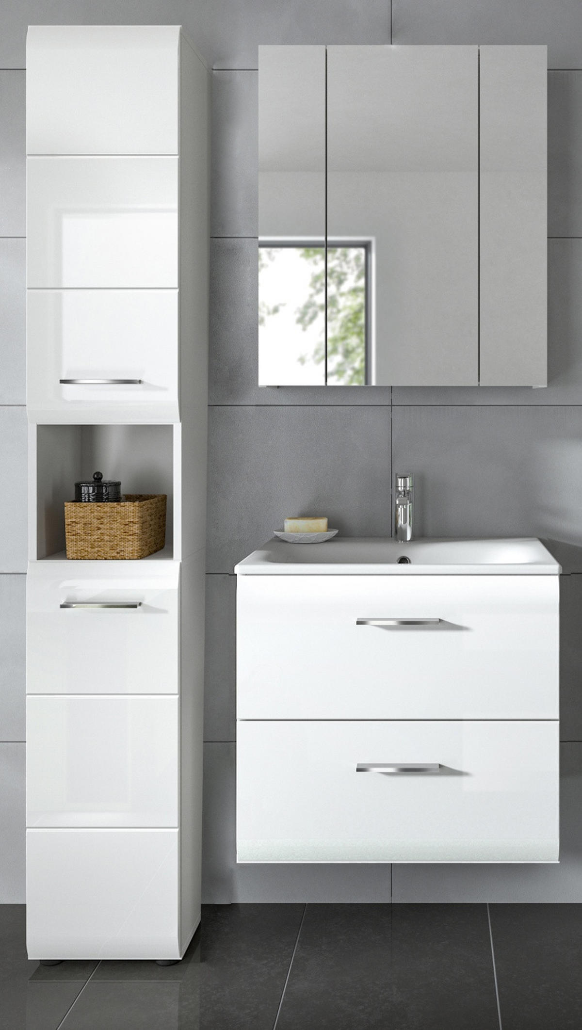 BADMÖBEL SET 3-teilig in weiß Hochglanz inkl. Waschbecken 105 x 185 cm Cover - Weiß Hochglanz/Silberfarben, Holzwerkstoff/Kunststoff (105/185/46cm) - Inn.Furn