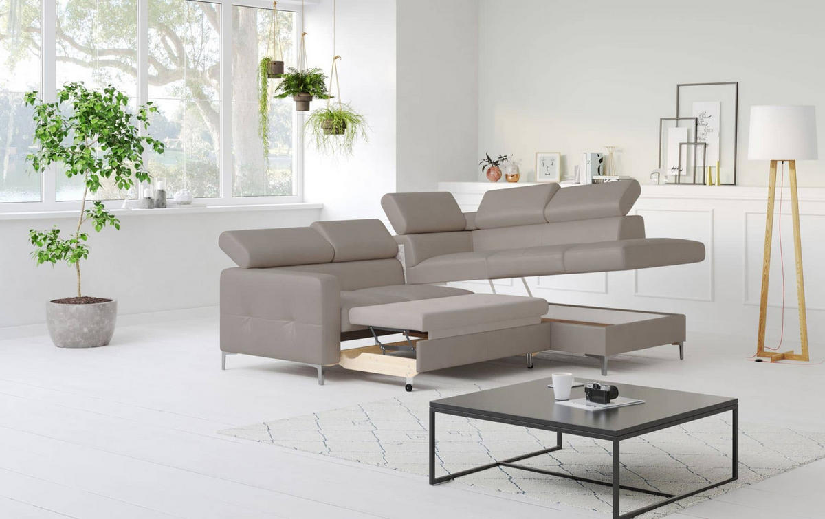 ECKSCHLAFSOFA aus Echtleder mit Schlaffunktion und Bettkasten - Chromfarben/Silberfarben, Leder/Holz (207/242cm) - Cotta