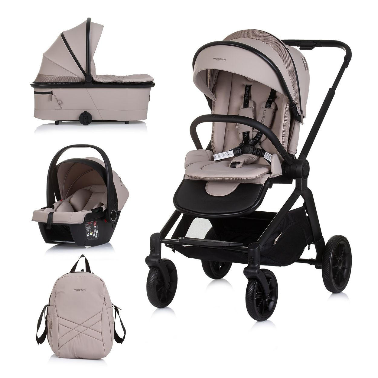KOMBIKINDERWAGEN Magnum 3 in 1 beige Aluminium, i-Size, 5-Punkt-Gurt, 3-Punkt-Gurt, Babywanne, Babyschale - Ecru, Metall (96/59/104cm) - Chipolino