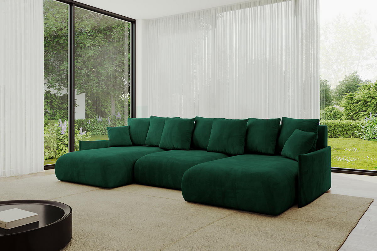 WOHNLANDSCHAFT mit Schlaffunktion und Bettkasten ONESK-U-v1 304x165x40 Dunkelgrün Velours - Dunkelgrün, Holzwerkstoff/Kunststoff (304/90/165cm) - ALTDECOR