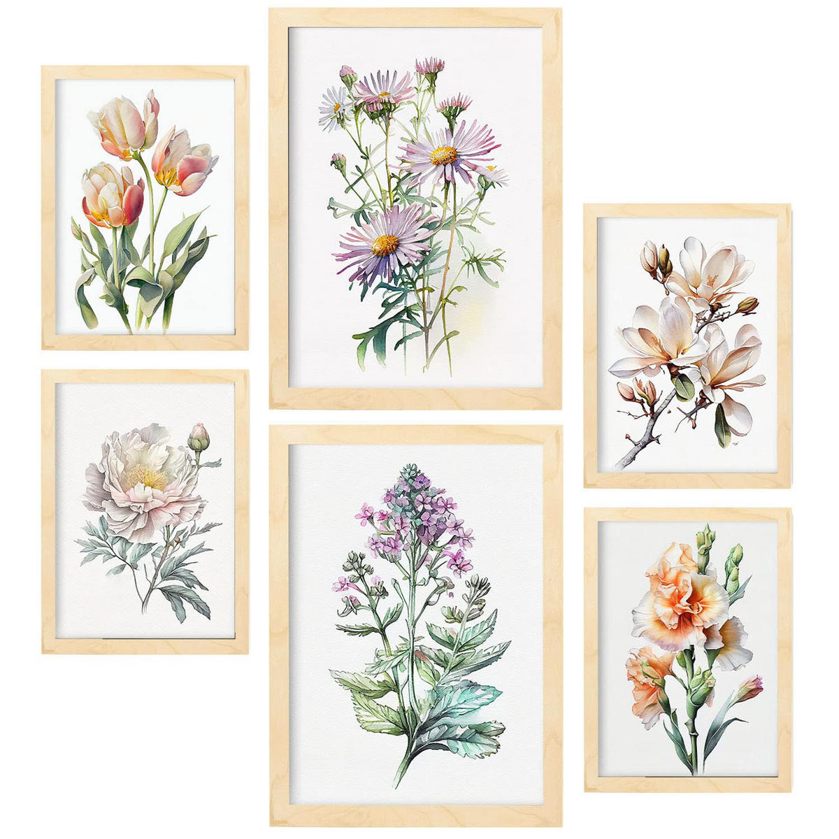 POSTER Set Mit 6 Blumenstrauß Größe A3 & A4 Rahmen aus hellem Holz - Beige, Papier (29.7/1cm) - Nacnic