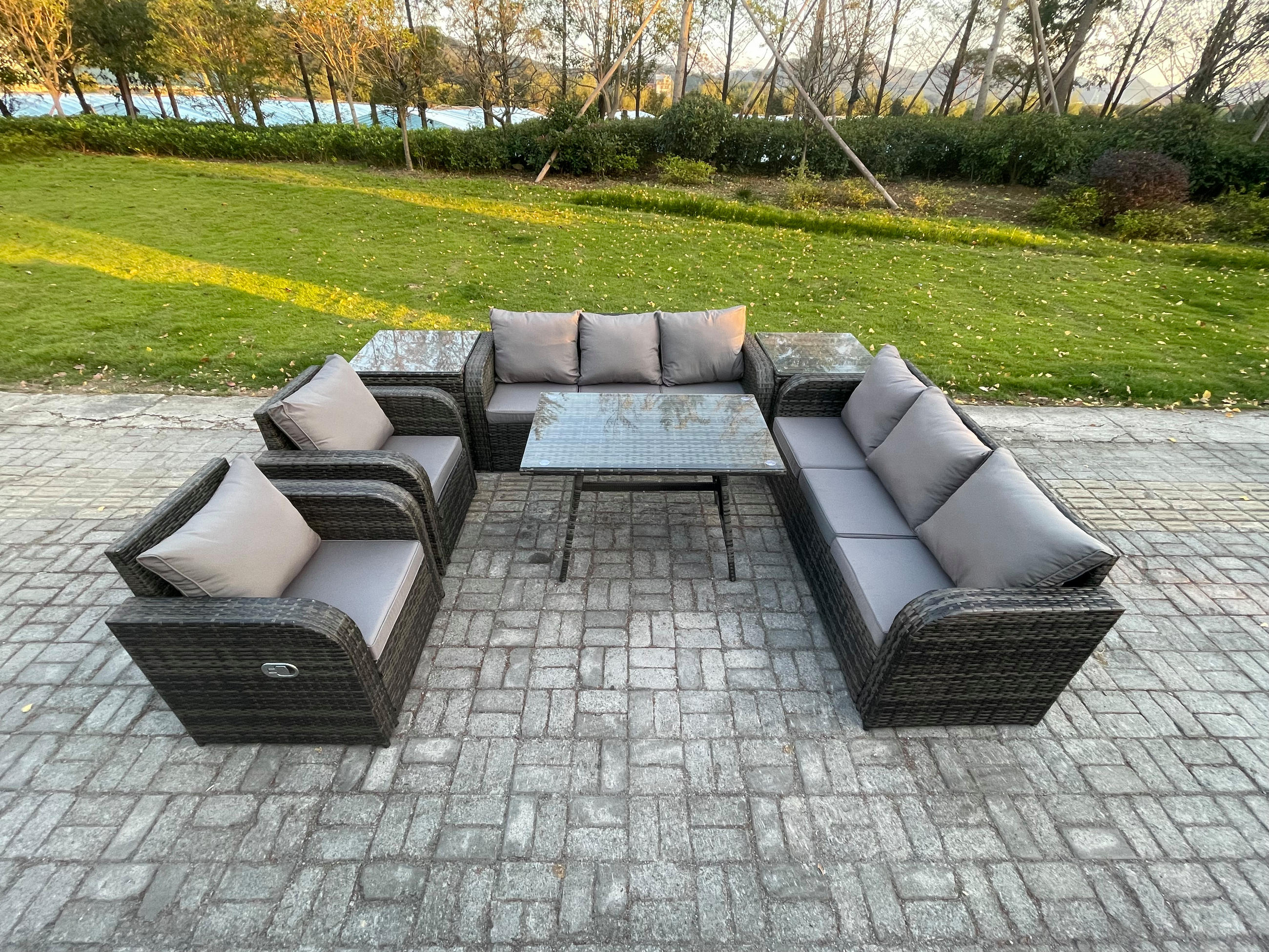 GARTENSET Hohe Rückenlehne Polyrattan 8-Sitzer - Dunkelgrau/Grau, Glas/Kunststoff - Fimous