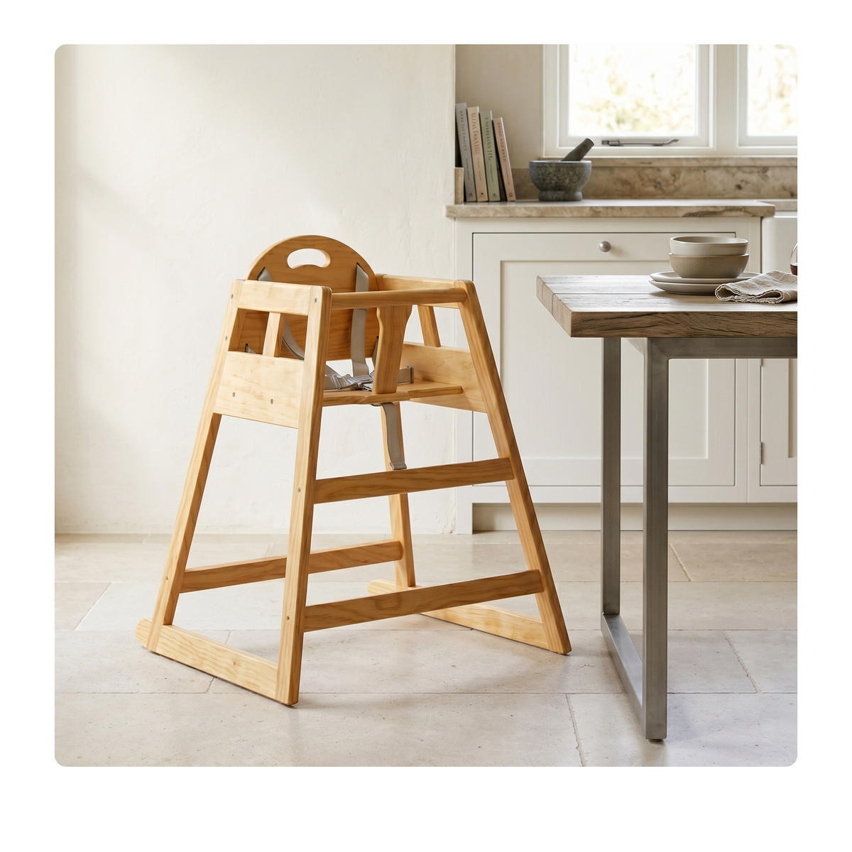 KINDERHOCHSTUHL Natur Kiefernholz 5-Punkt-Gurt - Hellbraun, Holz (48/76/49.5cm) - Relaxdays