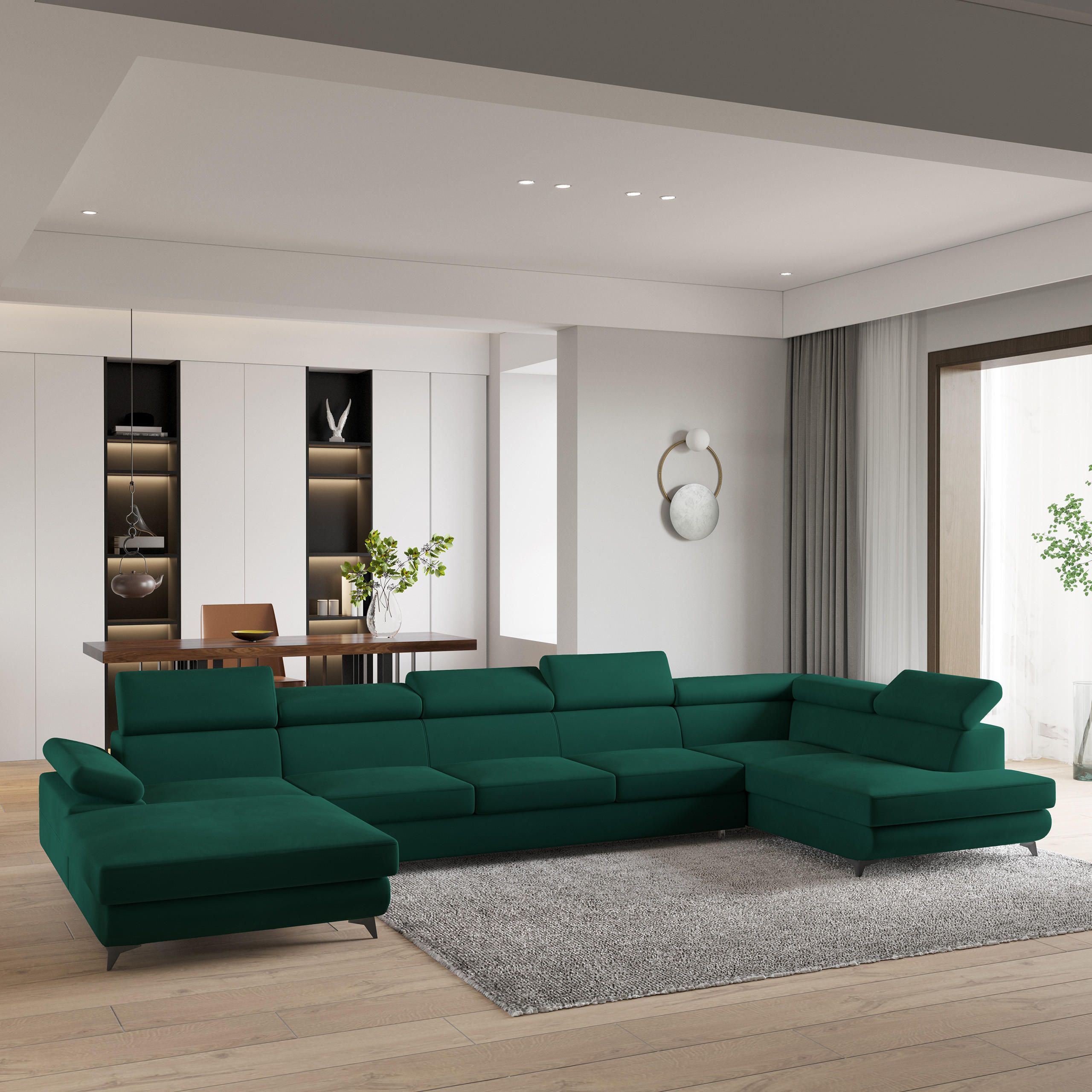 WOHNLANDSCHAFT MONTIVA Grün Velours-Stoff mit Schlaffunktion - Grün, Holz (410/89/190cm) - MASSENO