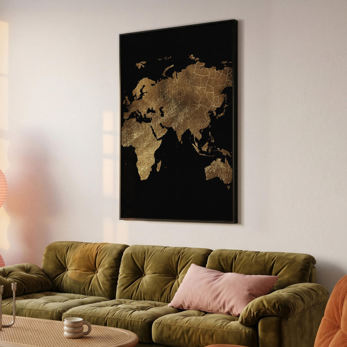 LEINWAND Bilder mit Rahmen - Weltkarte - Gold - Luxus - Erde - Schwarz - 100x150 - Goldfarben, Textil (100/150cm) - MuchoWow