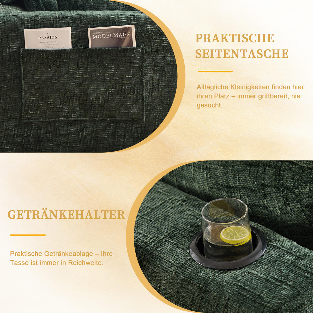 3-SITZER-SOFA aus Chenille, mit Fußhocker und Getränkehalter - Grün, Textil (256/75/161cm) - Urban Meuble