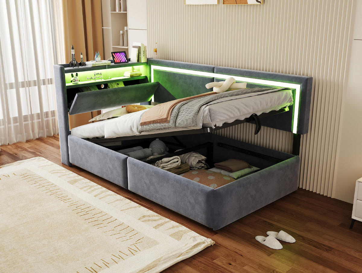 POLSTERBETT 90/200 cm Grau aus Samt mit Stauraum - Grau, Textil (90/200cm) - OKMYHOME