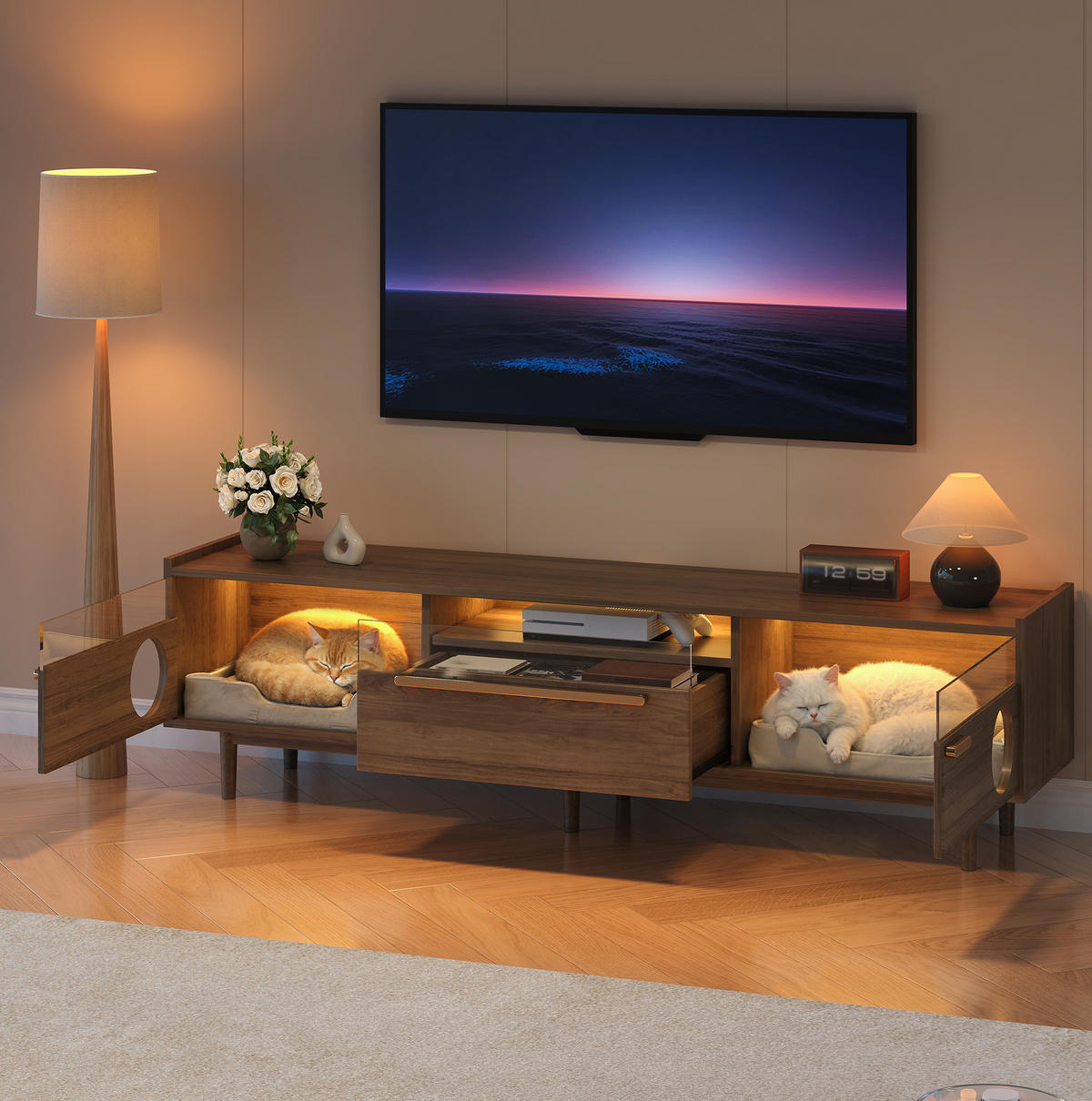 TV-SCHRANK aus MDF und Glas 180x40x50 cm Nussbaumfarben mit LED-Beleuchtung und katzenfreundlichen Türöffnungen - Walnussfarben, Holzwerkstoff (180/50/40cm) - Modfu