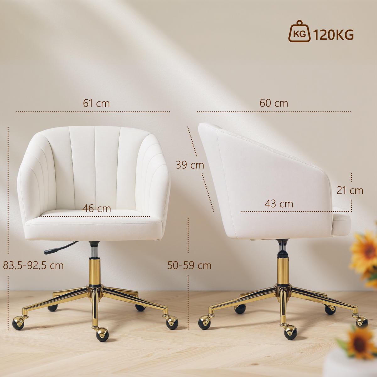 SCHREIBTISCHSTUHL, höhenverstellbarer Bürostuhl mit Samtoptik, Rollen, Drehstuhl - Goldfarben/Creme, Textil/Metall (60/92.5/61cm) - HOMCOM