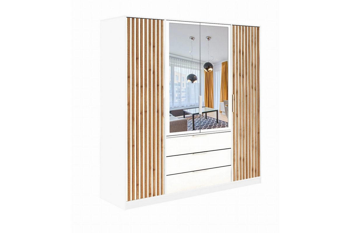 DREHTÜRENSCHRANK LABOO LUX 196/200/58 cm in Weiß mit Lamellen - Weiß, Holzwerkstoff (196/200/58cm) - Deine Möbel 24