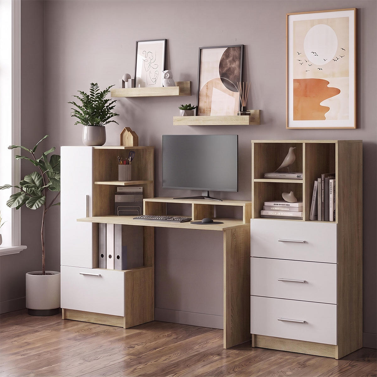 UNIVERSALSCHRANK Tomy, Sonoma/Weiß, 60 x 120 cm mit 3 Schubladen - Weiß/Sonoma Eiche, Holzwerkstoff (60/120/31.6cm) - Vicco
