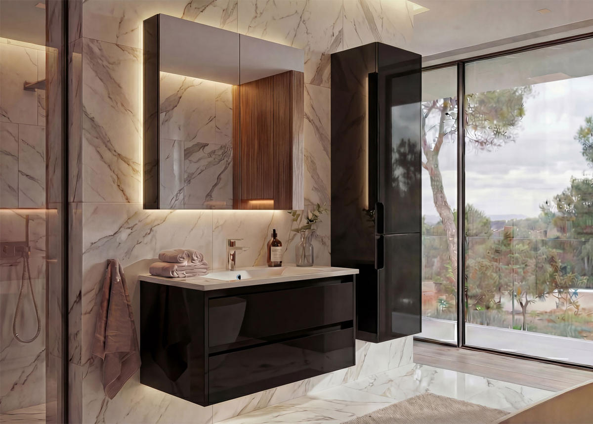 BADEZIMMERSET B19B Hochglanz Schwarz - Schwarz Hochglanz, Holz (61/150/47cm) - MCW