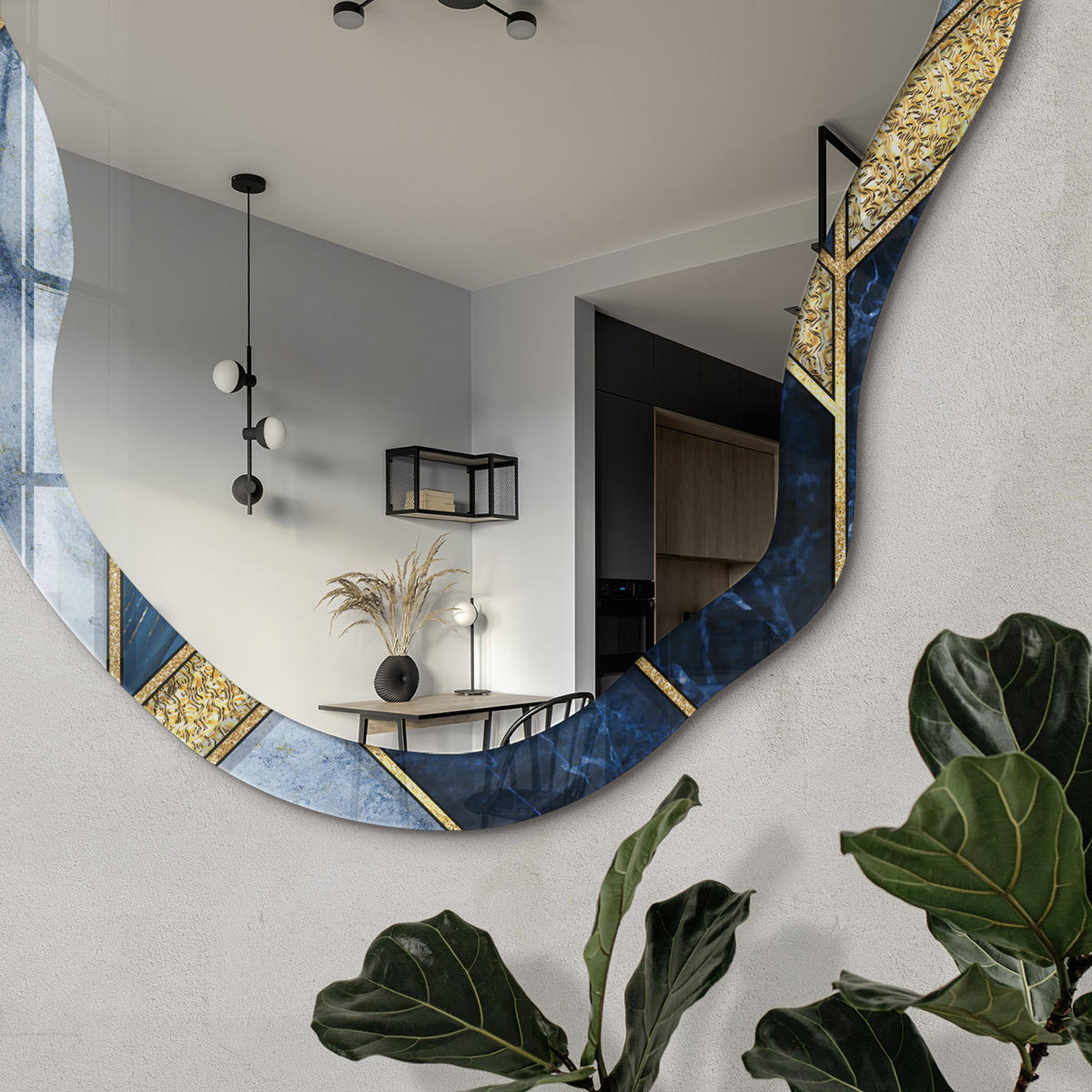 SPIEGEL 90x45 cm asymmetrisch mit Druck - Blaues Mosaik - Transparent, Glas (45/90/0.4cm) - TULUP