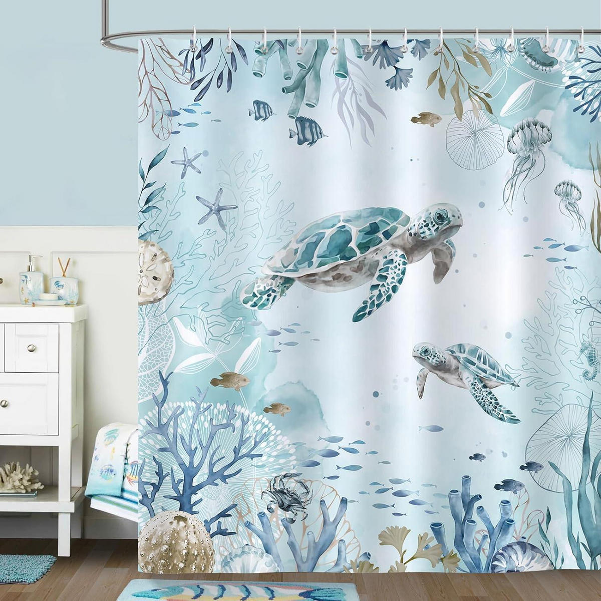 DUSCHVORHANG Meeresschildkröte 180 x 200 cm Wasserdicht Polyester - Blau, Textil (180/200cm)