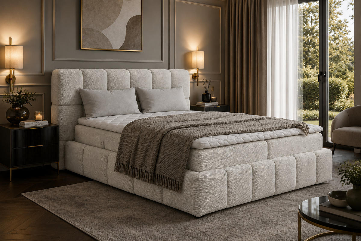 BOXSPRINGBETT AURA mit Topper und Bettkasten, Creme, H4 Pocket, 200x200 cm - Creme, Textil (200/200cm) - KS Home Concept