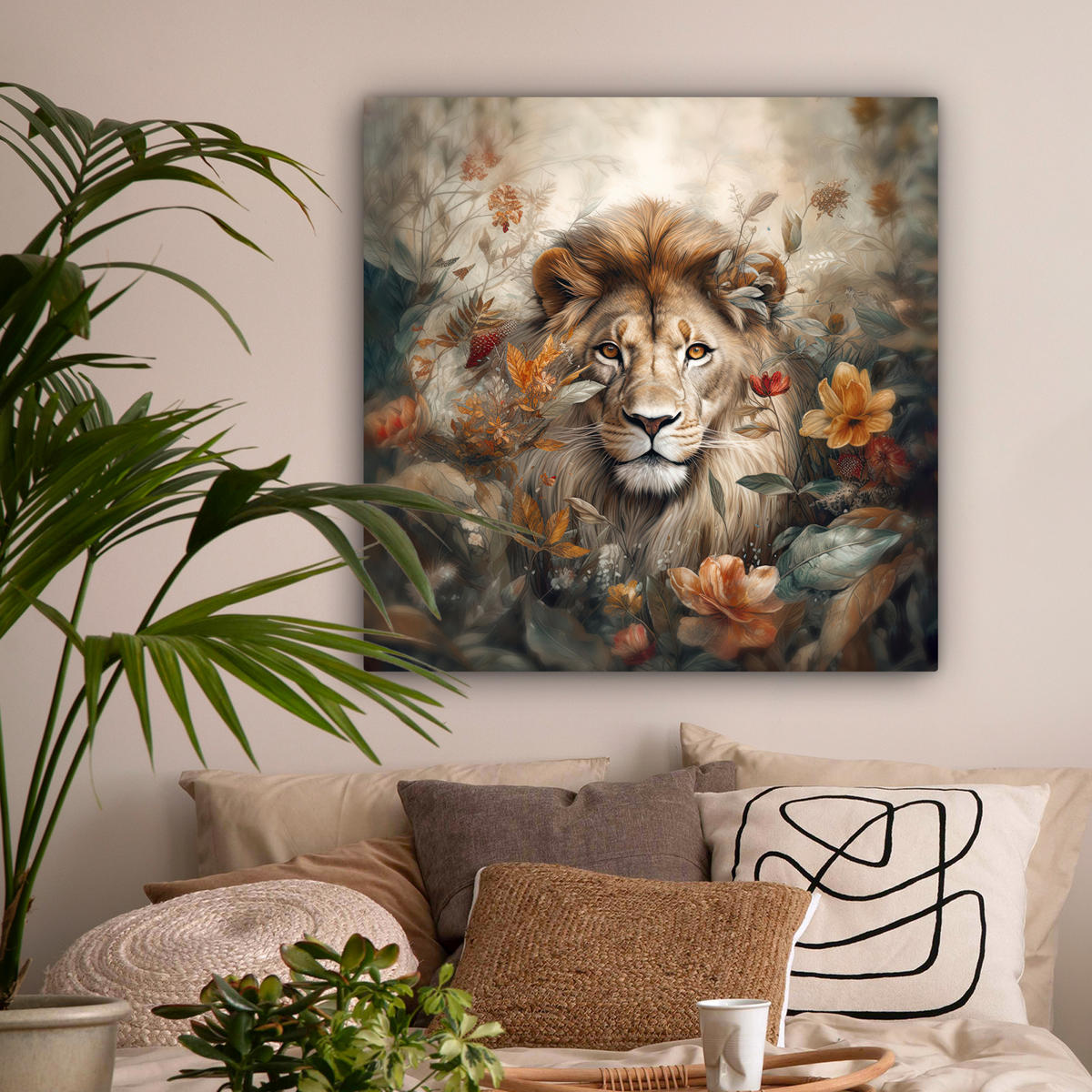 LEINWANDBILD Löwe - Wildtiere - Pflanzen - Natur - Blumen 90x90 cm - Beige, Textil (90/90cm) - MuchoWow
