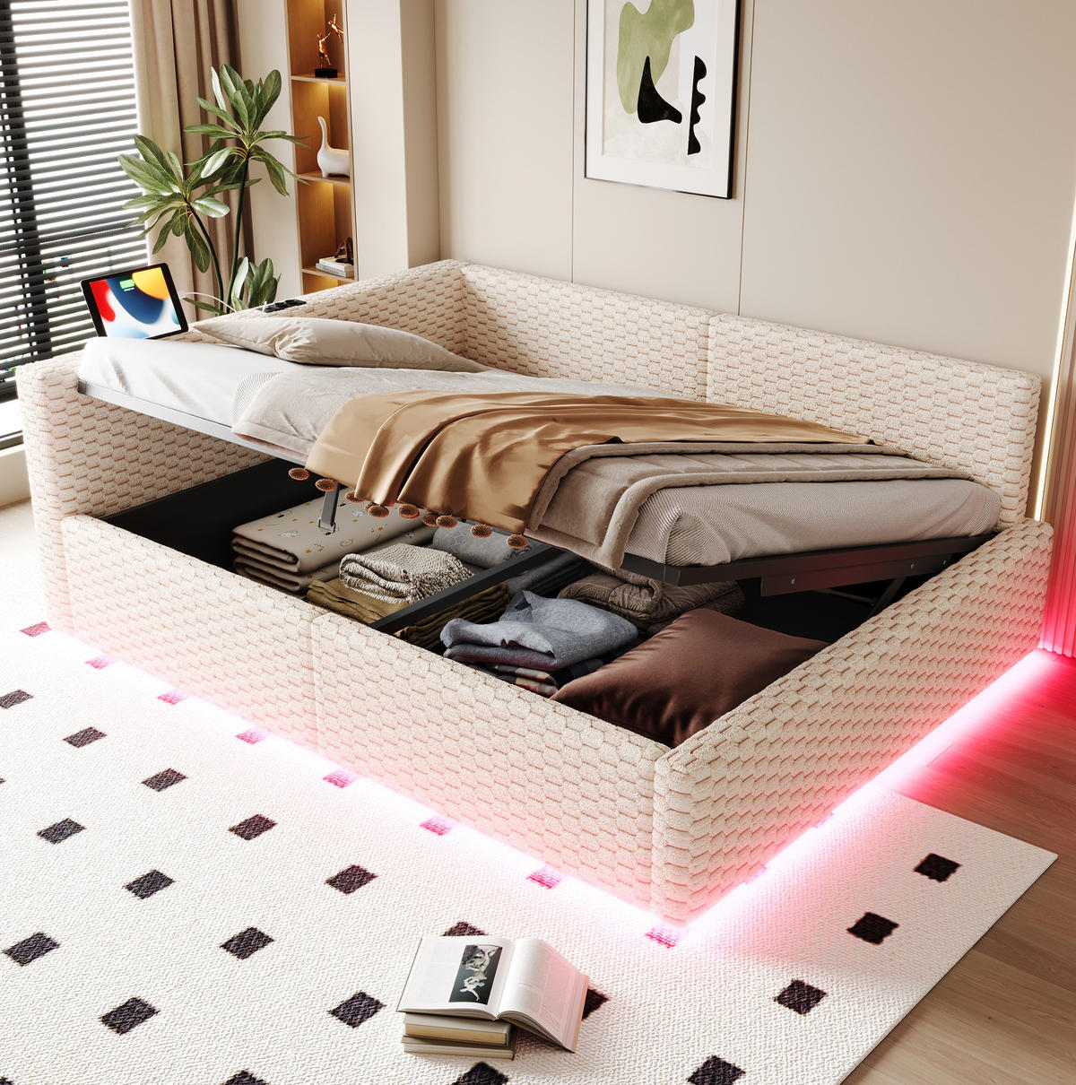 POLSTERBETT mit Stauraum und LED 140x200 cm Samt Beige - Beige, Metall (140/200cm) - Meubliv