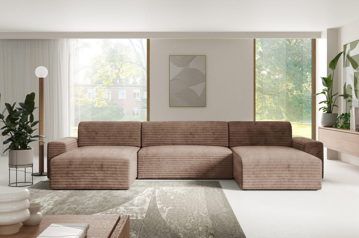 WOHNLANDSCHAFT mit Schlaffunktion Beige - Beige/Schwarz, Holz/Holzwerkstoff (300/70/185cm) - Furnisell