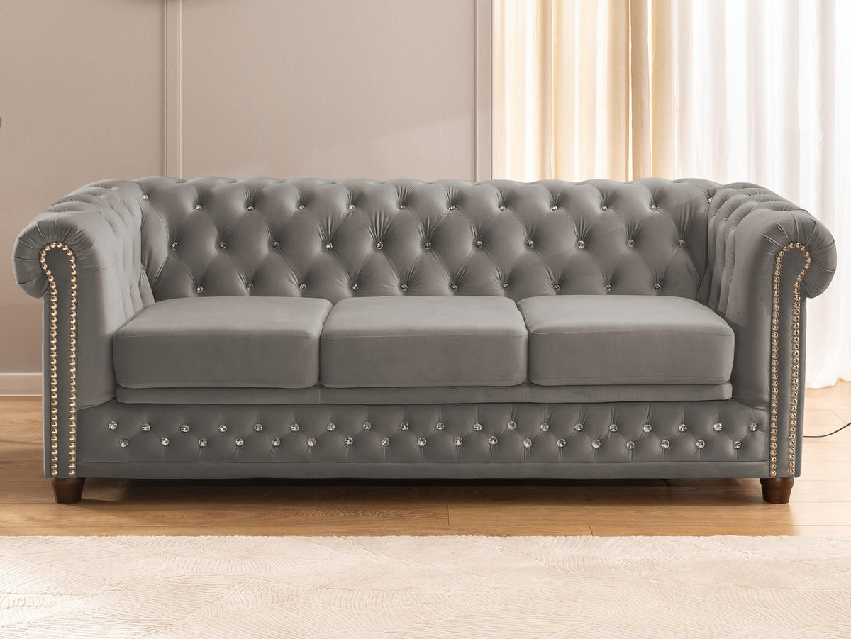 CHESTERFIELD-SOFA 3-Sitzer mit Schlaffunktion Cleo Blink Grau Samt mit Kristallsteppung und braunen Massivholzfüßen - Braun/Grau, Holz/Textil (203/72/86cm) - S-Style Möbel