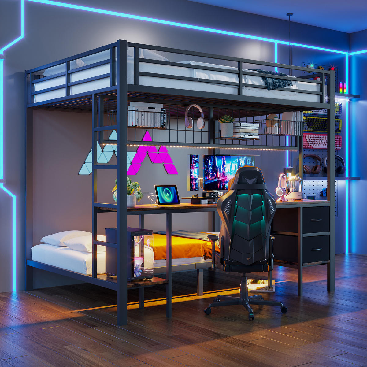 HOCHBETT 90x200 und 140x200cm Mit 7-farbiger LED-Leiste, USB-Anschluss, ohne Matratze, schwarz - Schwarz, Metall (140/200cm) - KOMHTOM