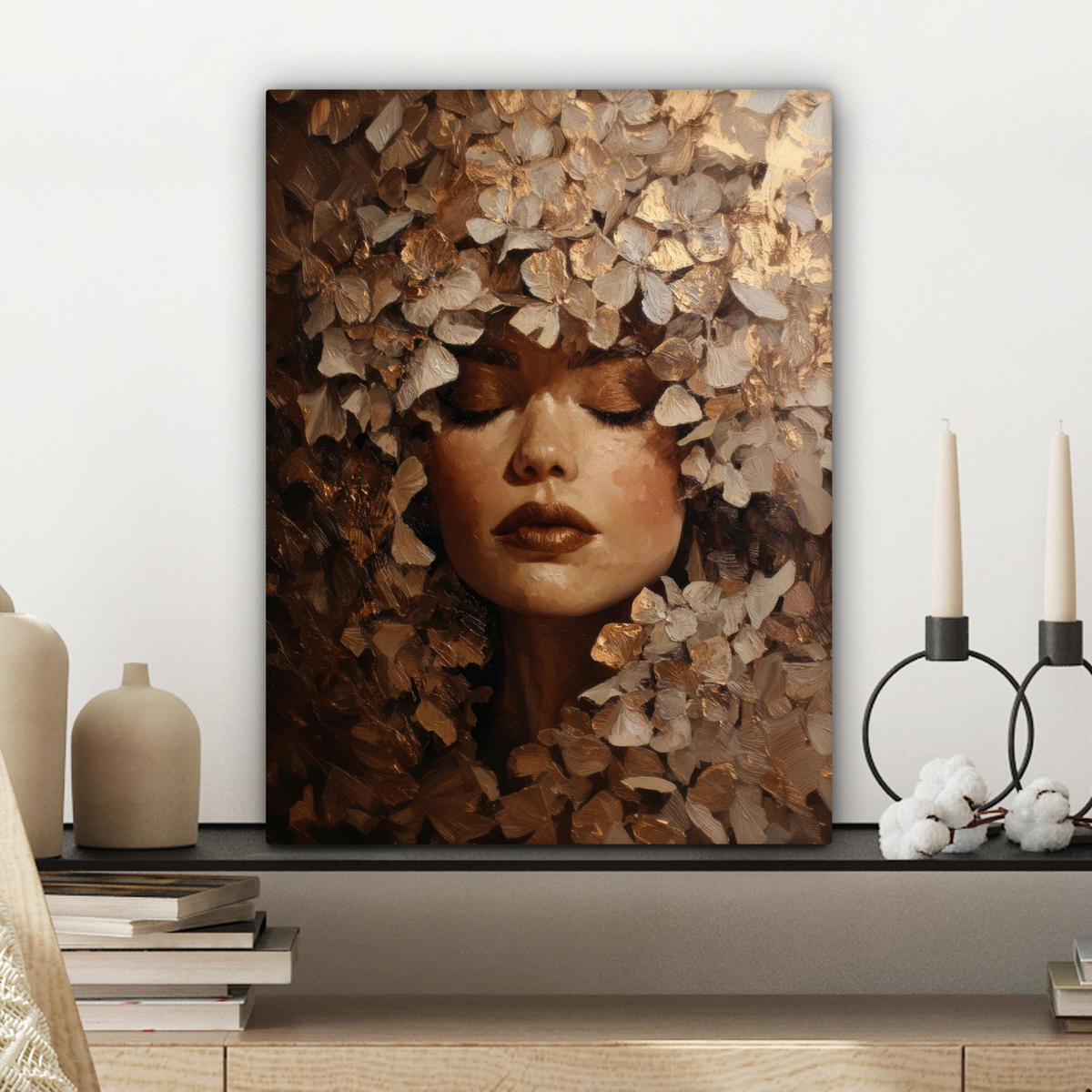 LEINWANDBILD Gesicht - Dame - Blätter - Pinselstriche Room Decor 30x40 cm - Goldfarben, Textil (30/40cm) - MuchoWow