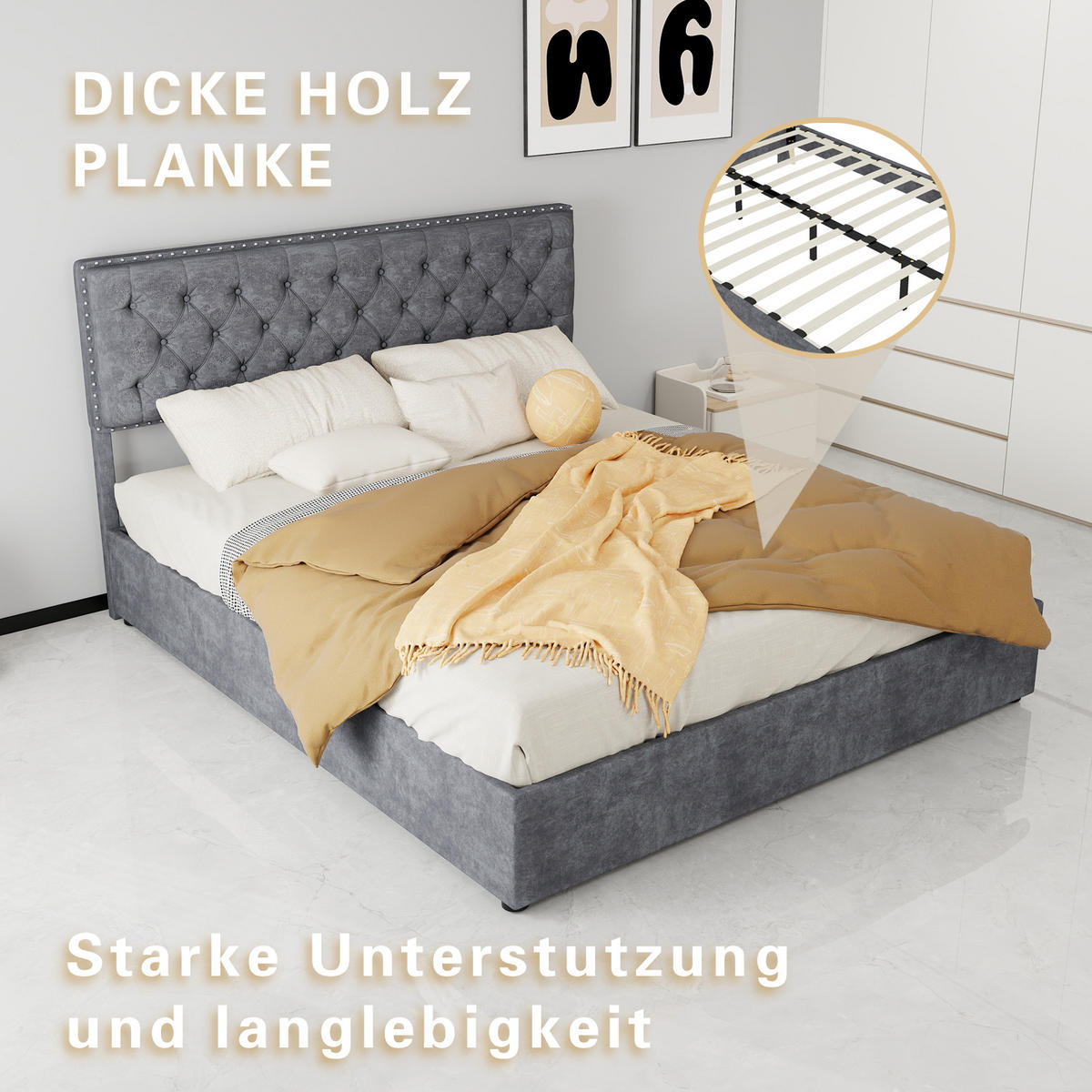 POLSTERBETT 160/200 cm in Grau Samt mit Stauraum und hohem Kopfteil - Grau, Holzwerkstoff/Textil (160/200cm) - STILVORA