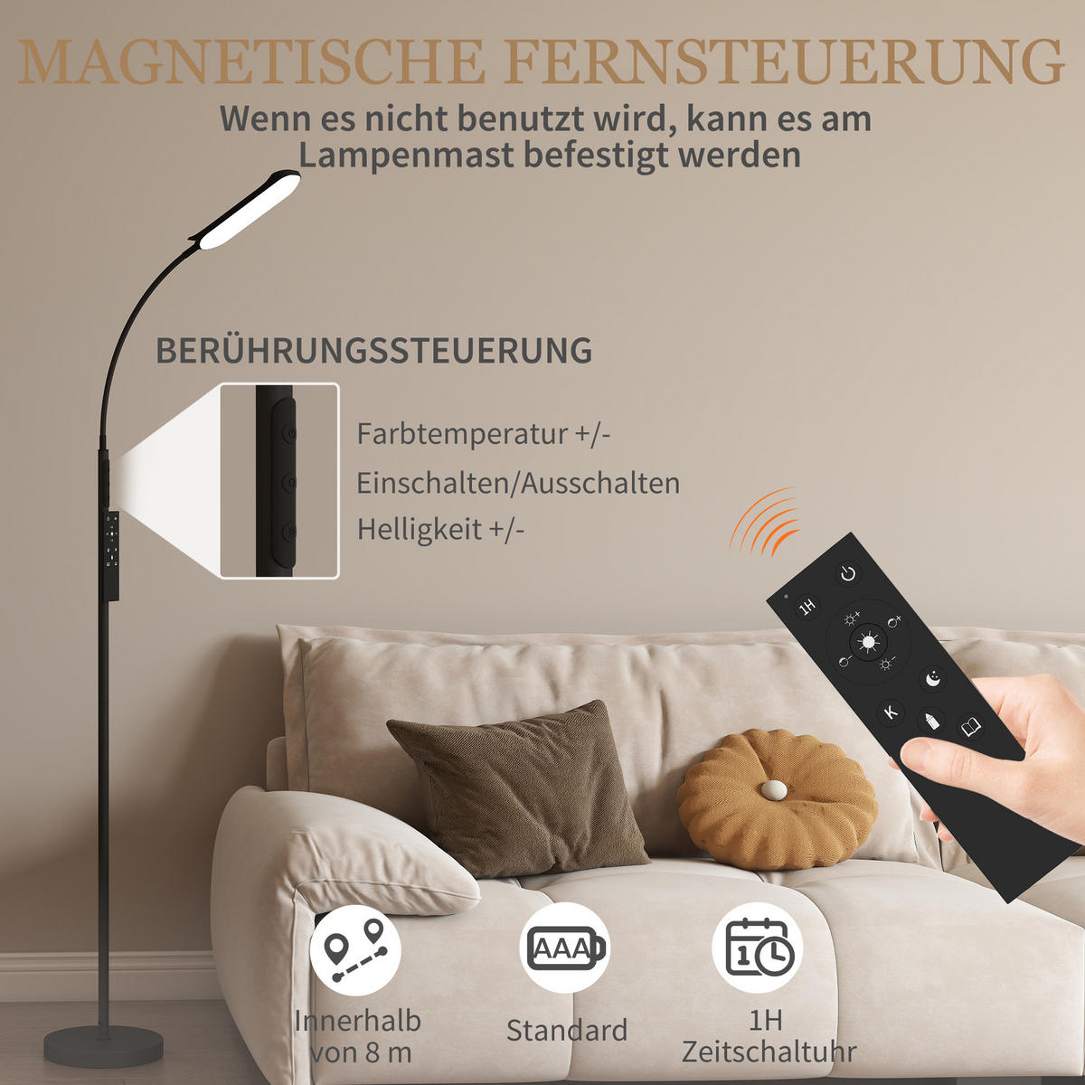 STEHLAMPE mit 360° verstellbarer Schwanenhals, Schwarz - Schwarz, Metall (22/22/175cm) - HOMCOM