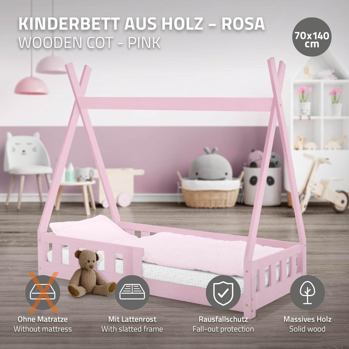 KINDERBETT Tipi 70x140 cm Rosa - Pink, Holz (70/140cm) - ML-DESIGN