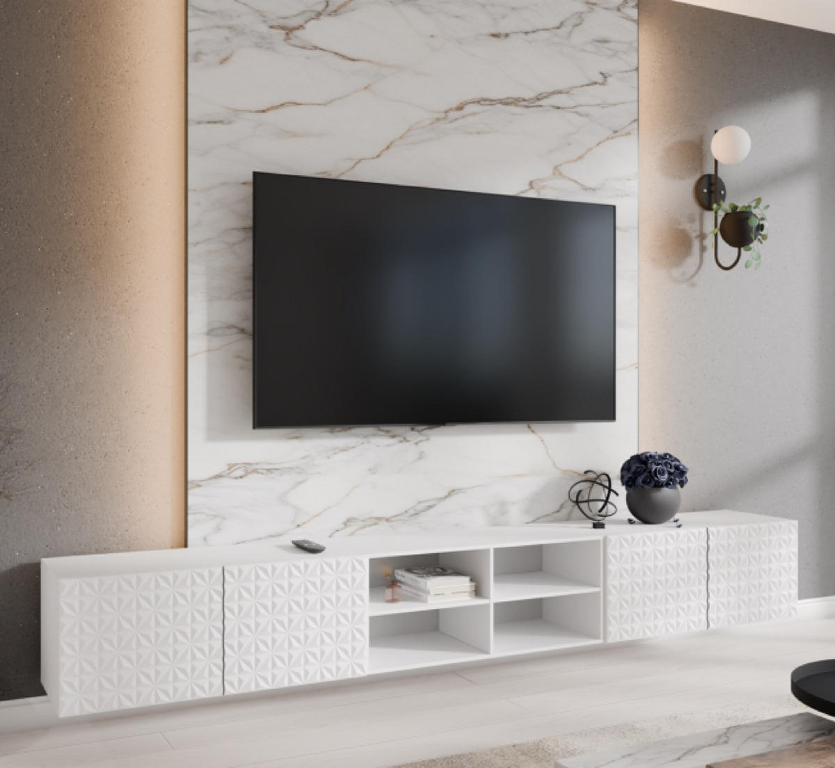 TV-SCHRANK Weiß ALI Offene Fächer Dekorative Fronten 300 cm - Weiß, Holzwerkstoff (300/41/40cm) - Sepro Meble