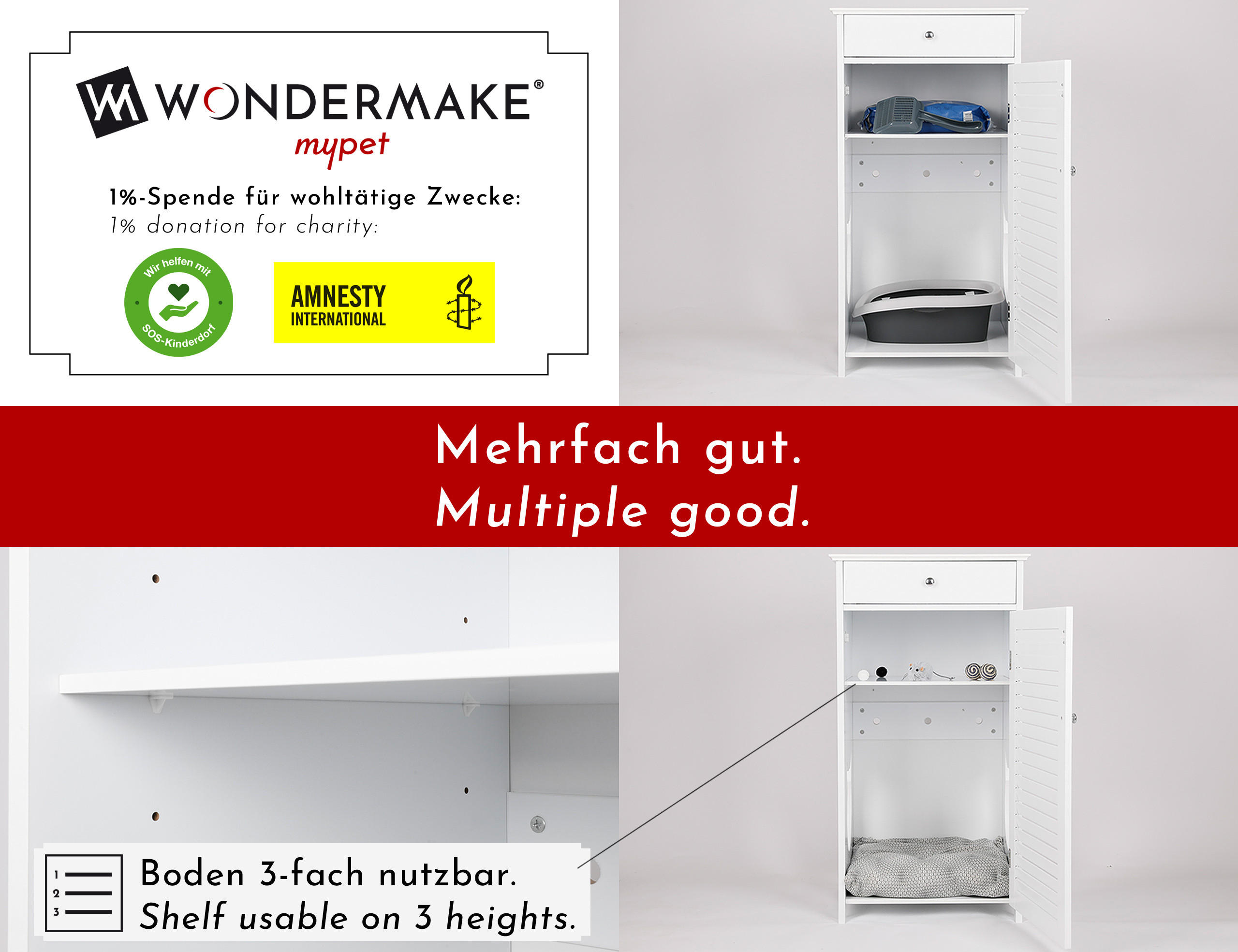 KATZENSCHRANK für Katzentoilette groß aus Holz, mit Schublade - Weiß, Holz (51/96/46cm) - WONDERMAKE