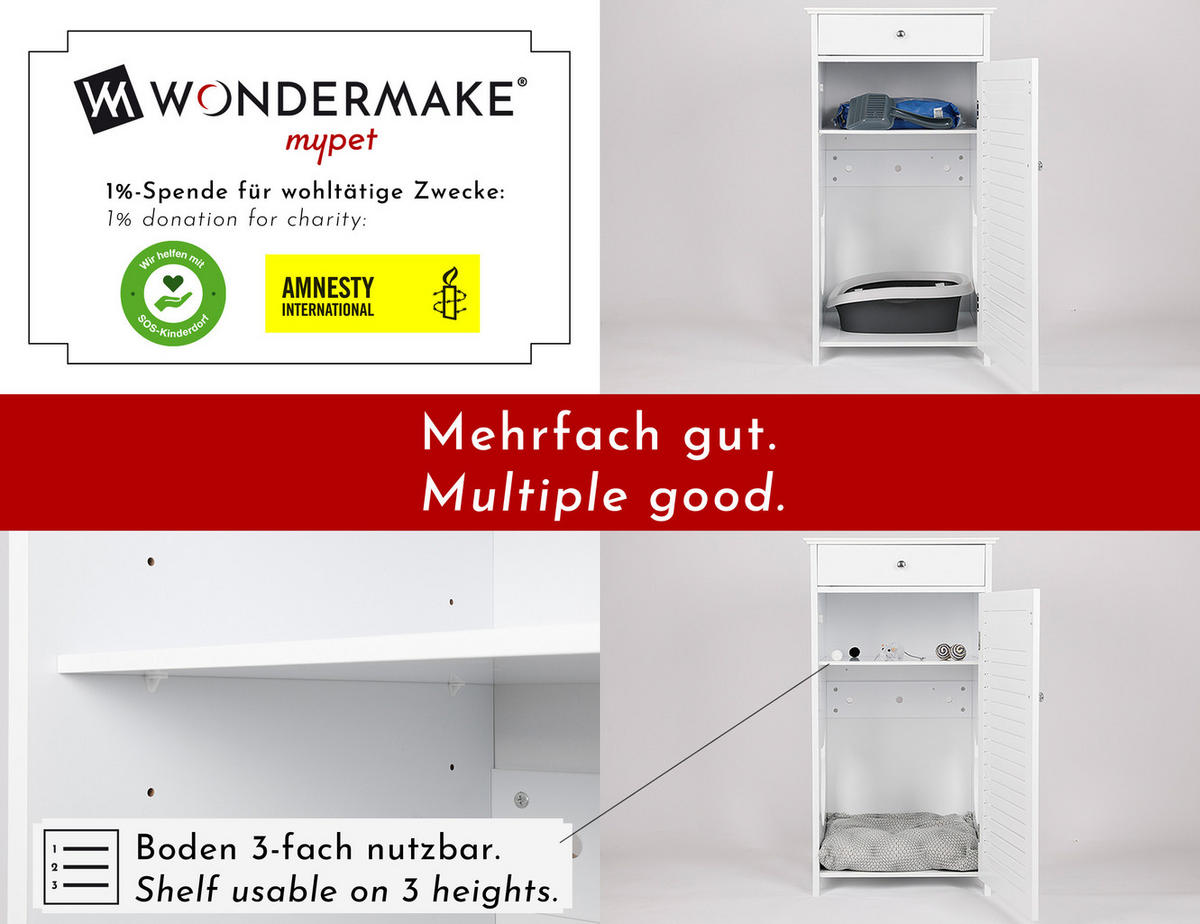 KATZENSCHRANK für Katzentoilette groß aus Holz, mit Schublade - Weiß, Holz (51/96/46cm) - WONDERMAKE