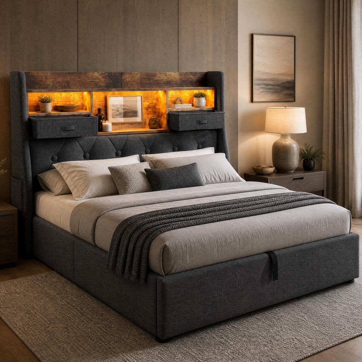 POLSTERBETT 160/200 cm in Grau mit Bettkasten, LED, USB und Type-C Leinen Retro-Design - Grau, Holzwerkstoff/Textil (160/200cm) - STILVORA