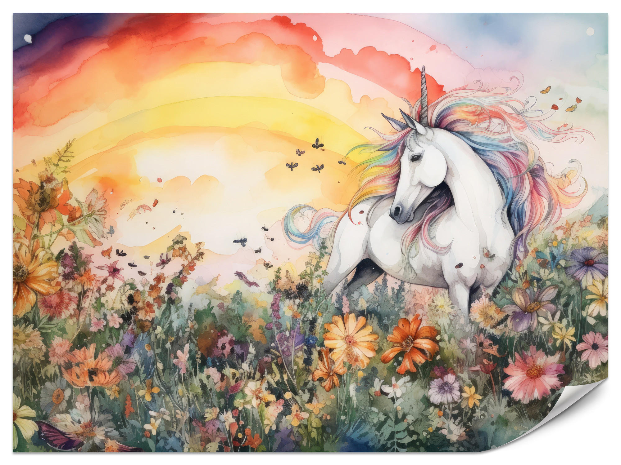 FOTOTAPETE für Kinderzimmer Einhorn Blumen Wiese Regenbogen Magisch Rosa 350x256 - Gelb/Rot, Papier (350/256cm) - Muralo