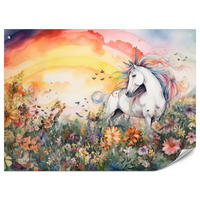 FOTOTAPETE für Kinderzimmer Einhorn Blumen Wiese Regenbogen Magisch Rosa 350x256 - Gelb/Rot, Papier (350/256cm) - Muralo