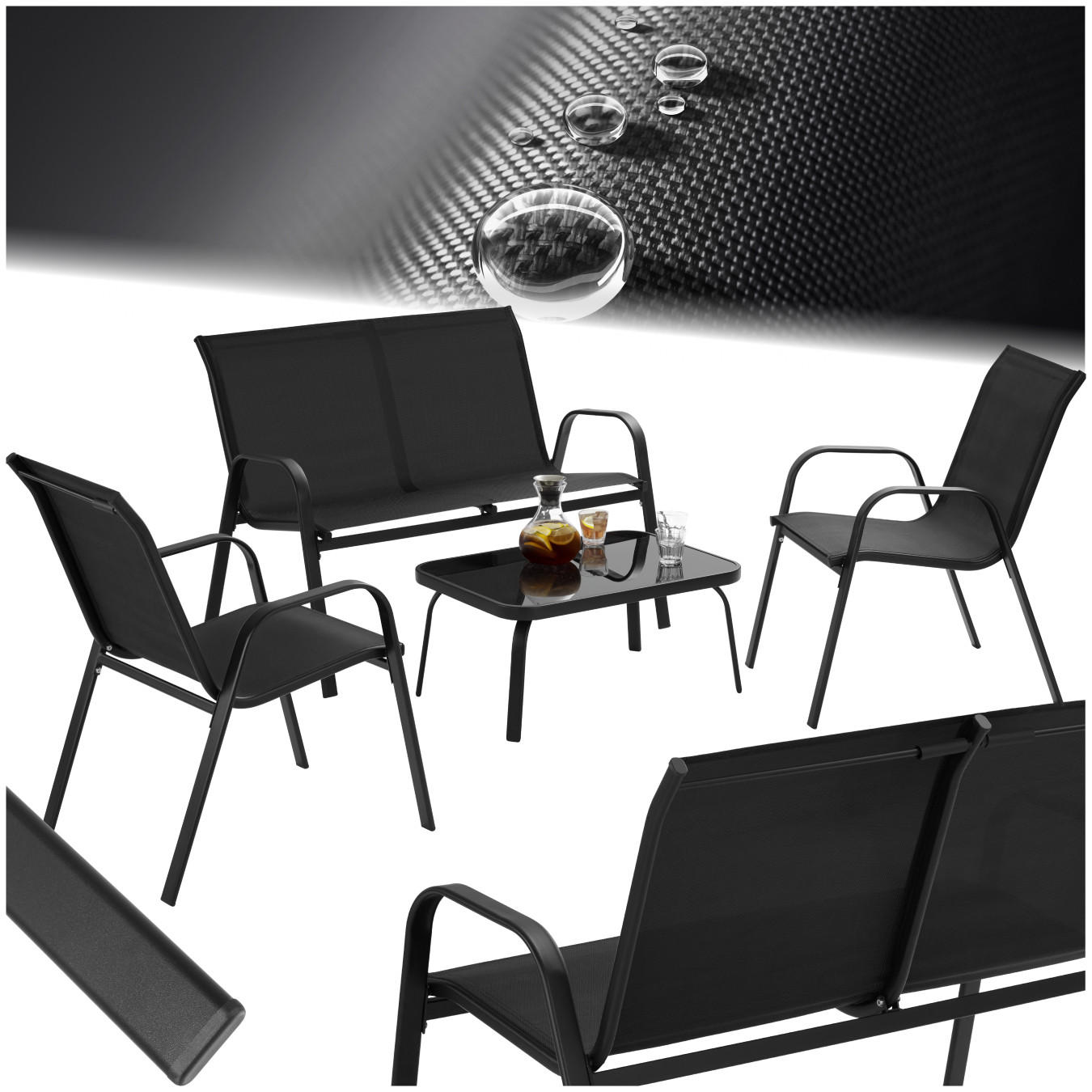 SITZGRUPPE Nora,mit getönter Sicherheitsglasplatte,schwarz - Schwarz, Naturmaterialien/Textil - tectake