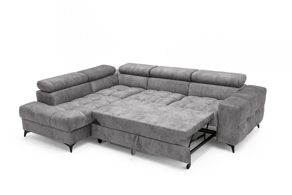 ECKSOFA PUDDING L Links mit Schlaffunktion 128x197 Velours Grau - Schwarz/Grau, Holz/Textil (270/204cm) - Muffo