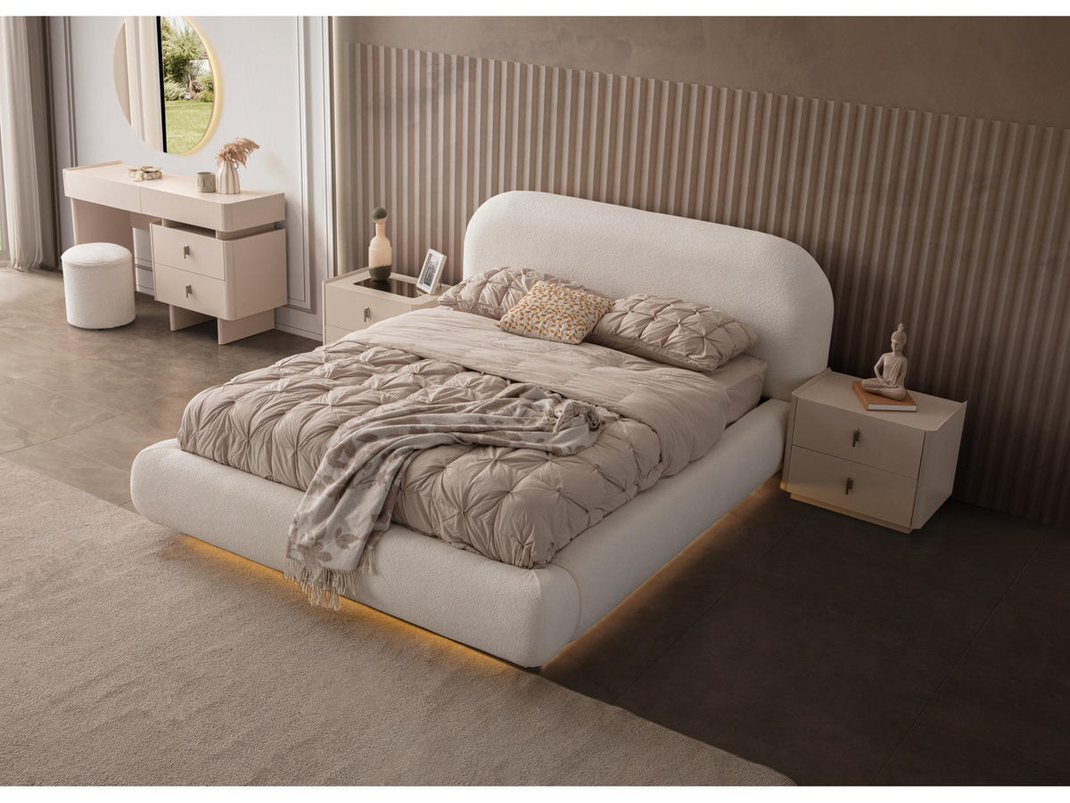 BETTANLAGE ALASKA Schlafzimmer-Set, 5-teilig, Creme, Bett mit Kopfteil, 2 Nachttische, Kleiderschrank und Kommode - Creme, Holzwerkstoff (160/200cm)
