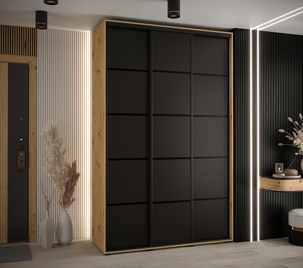 SCHWEBETÜRENSCHRANK 235,2/150/45 3-türig - Schwarz/Eiche Artisan, Holz/Metall (150/235/45cm) - Abiks Möbel