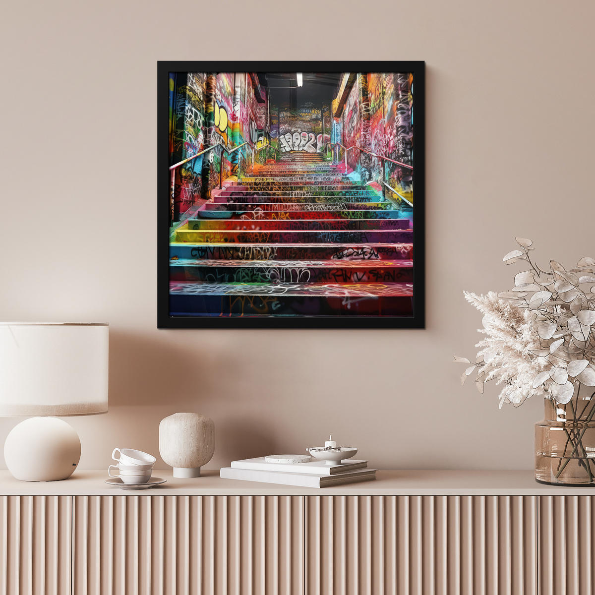 POSTER MIT RAHMEN Treppe - Graffiti - Farben - Kunst 40x40 cm - Multicolor, Papier (40/40cm) - MuchoWow