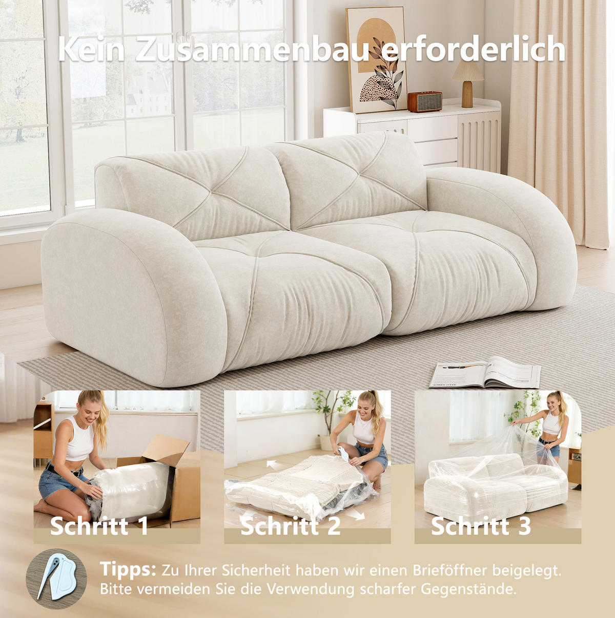 2-SITZER-MODULSOFA aus Chenille Hellbeige rahmenlos, flexibel kombinierbar, mit 32D-Hochdichteschaum und haustierfreundlichem Bezug - Weiß, Textil (204/76/95cm) - Modfu