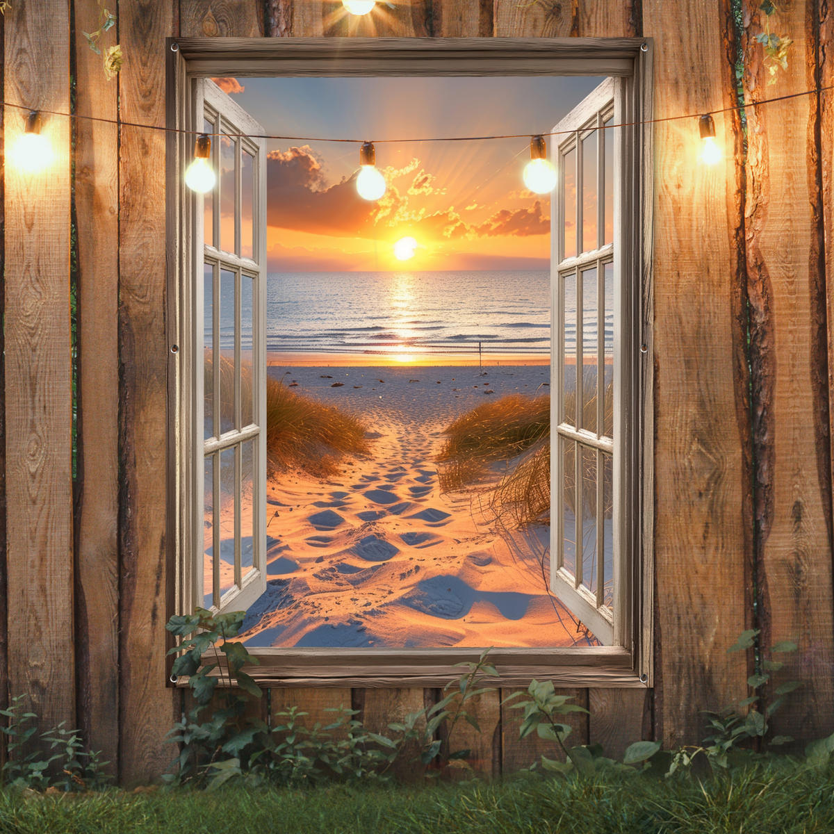 GARTENPOSTER Durchblick - Strand - Dünen - Sonnenuntergang 120x160 cm - Orange, Kunststoff (120/160/0.2cm) - OnlyWow