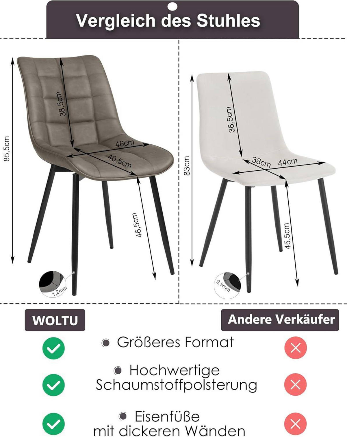 ESSZIMMERSTUHL 2er Set, Sitzfläche aus Kunstleder - Dunkelgrau/Schwarz, Metall (46.5/85.5/46cm) - Woltu