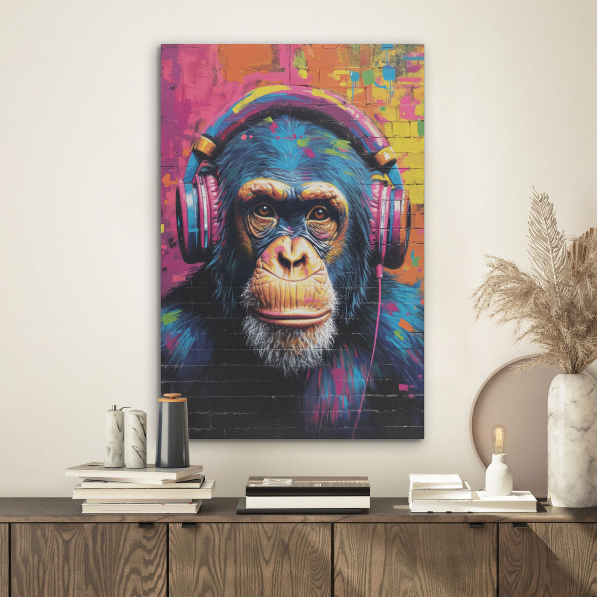 AKUSTIKBILD Graffiti - Schimpanse - Straßenkunst - Kopfhörer - Affe Kunstdruck Schlafzimmer 50x70 cm - Blau, Kunststoff (50/70/0.9cm) - MuchoWow