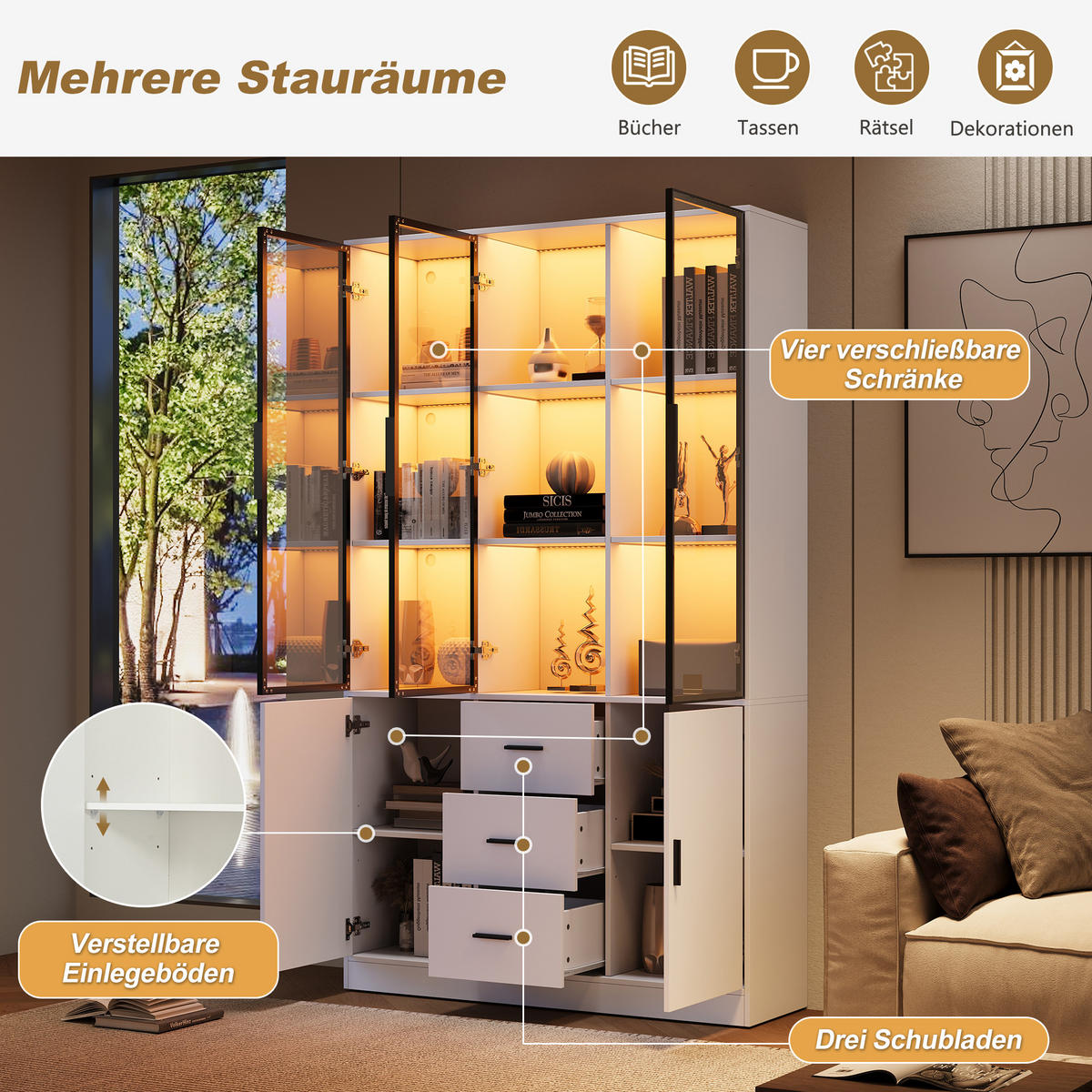VITRINE 120x30x200 cm Weiß mit LED und 3 Schubladen - Weiß, Holzwerkstoff (120/200/30cm) - FLIEKS